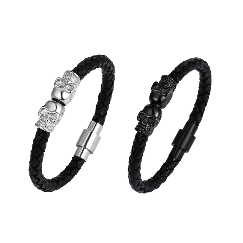 Минимализм Модный черный кожаный браслет с черепом из нержавеющей стали мужчины