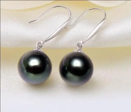 14K/20 White Gold a pair of natural 11-12mm tahitian black green pearl earrings | Украшения и аксессуары