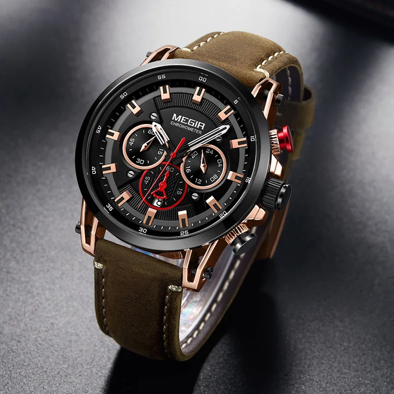 Megir часы мужские спортивные с кожаным ремешком армейские Роскошные