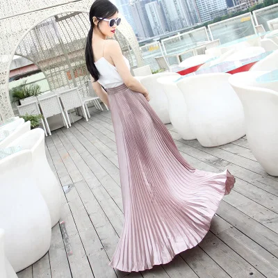 nude pink(long 100cm Летняя модная винтажная Серебристая золотая металлическая однотонная Расклешенная юбка макси с высокой талией, пляжные длинные плиссированные юбки для женщин - Цвет: nude pink(long 100cm