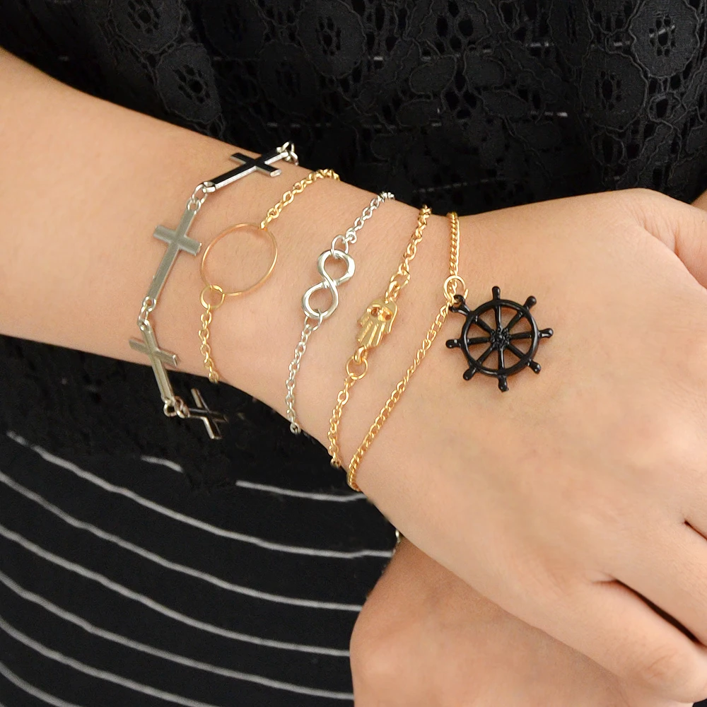 Kayshine 5 Pcs/Set Gold-Color Silver Color Link Chain Hand Cross Number Eight Rudder Circle Shape Charm Bracelet For Women | Украшения и