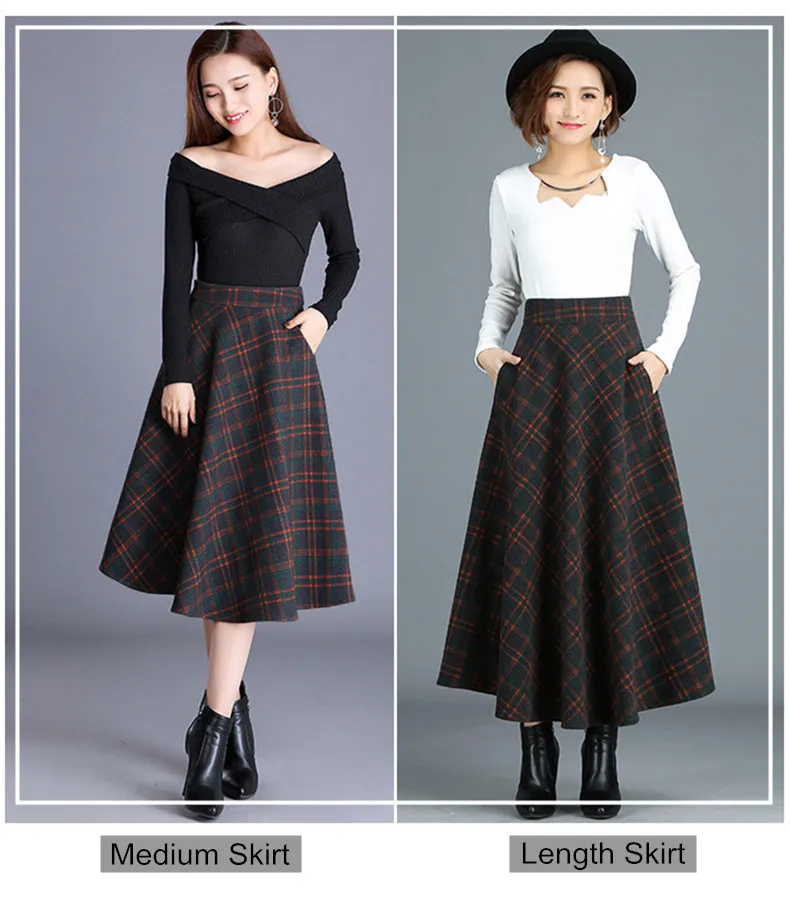 S-4XL New Women's Wool Blends Skirts Winter Autumn Fashion Elegant Printed Plaid Thicken Slim Medium Length Skirt Female