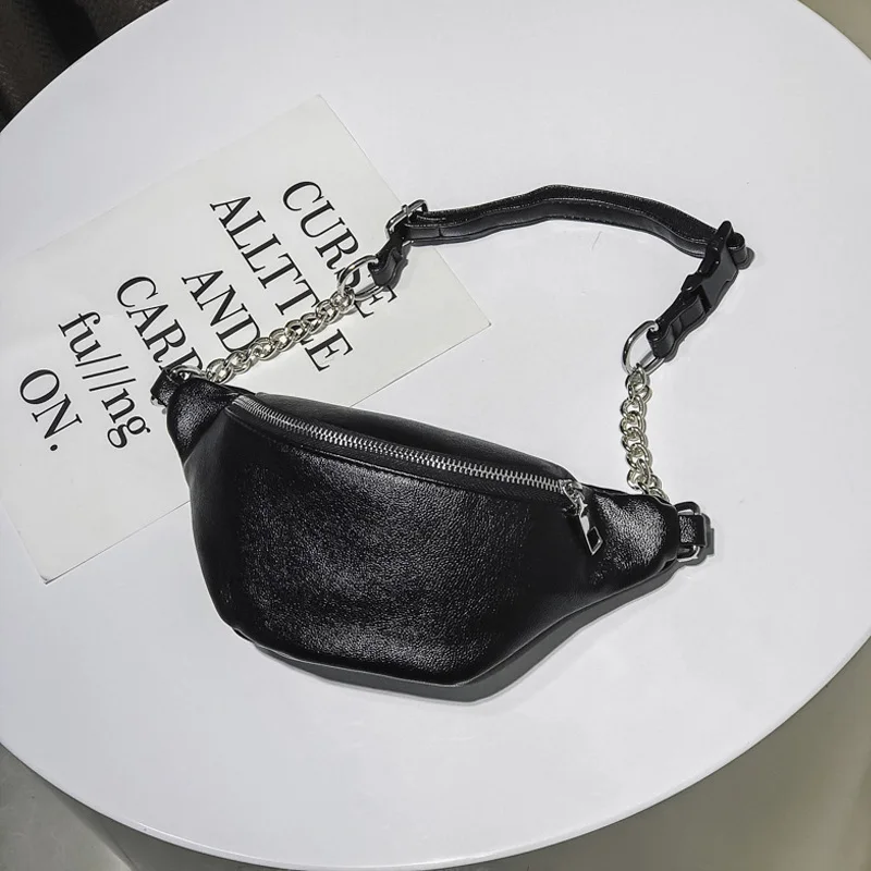 Black Waist Bag Поясная Сумка для женщин, модная Женская поясная сумка из искусственной кожи, Черные нагрудные сумки, удобная поясная сумка на цепочке для девочек, поясная сумка, кошелек для телефона, портмоне - Цвет: Black Waist Bag