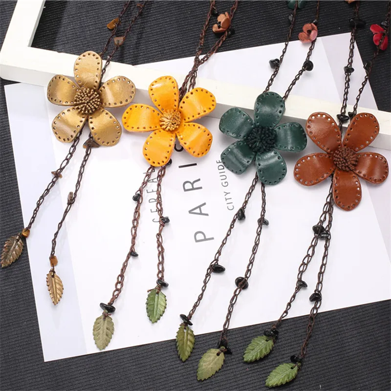 

WNGMNGL Handmade Female Long Necklace Genuine Leather Flower Leaves Pendant Necklace For Women Vintage Statement Choker Jewelry