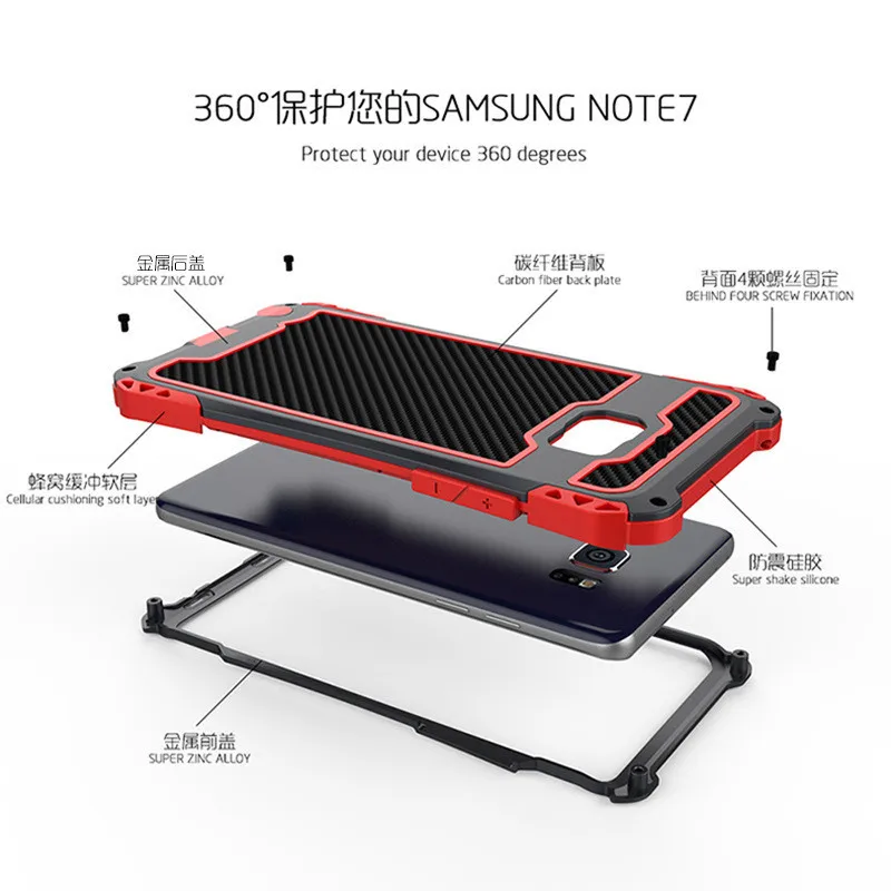 Luxury Life Waterproof Shockproof Aluminum Armor Hard Case For Samsung Galaxy Note 7 Metal Cover with Tempered Glass |