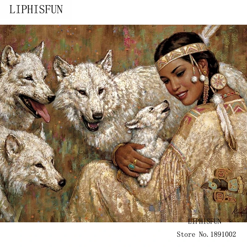 

Diamond Embroidery Indian Girl wolf 5D Diy Diamond Painting Cross Stitch Full Square Drill Rhinestone Room Home Decoration