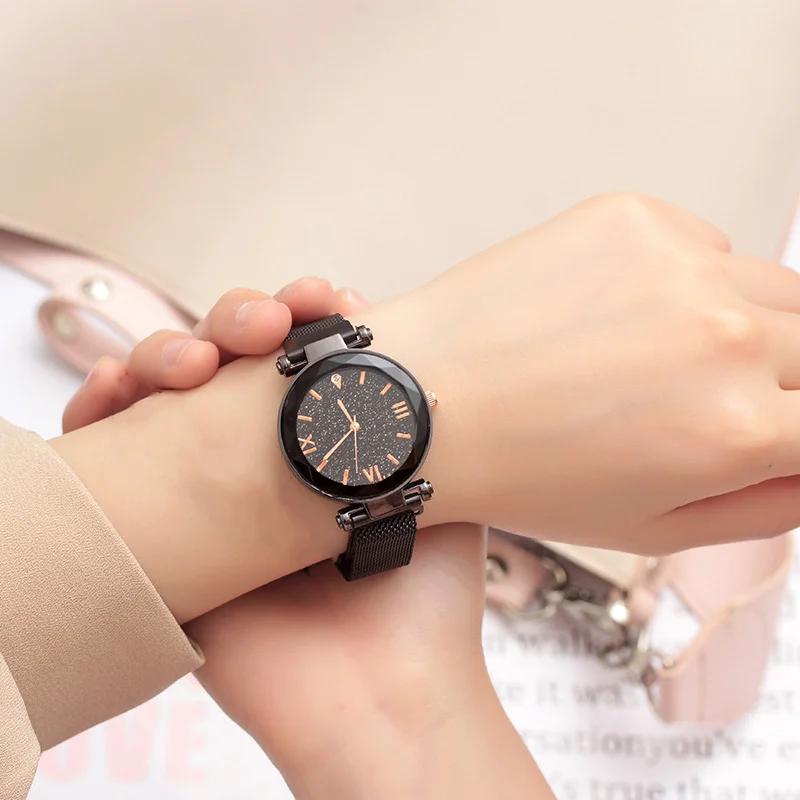 Black Color Роскошные женские часы Модные женские наручные часы с магнитным ремешком звездное небо Роскошные Кварцевые часы relogio femino - Цвет: Black Color
