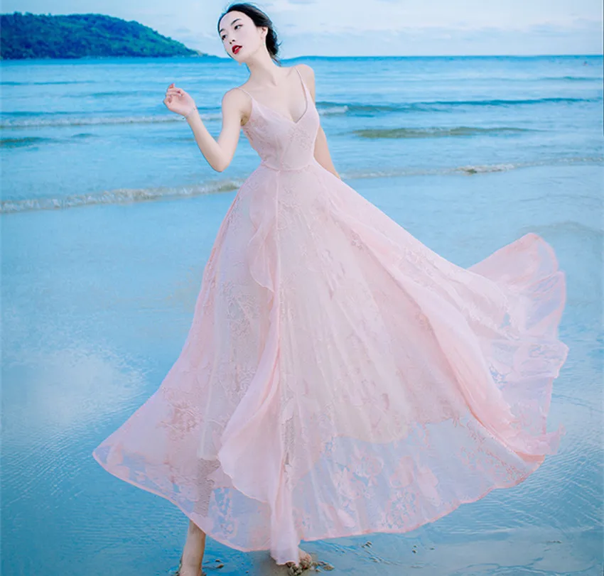 Женское длинное пляжное платье HAMALIEL розовое с кружевной вышивкой лето 2018|maxi beach