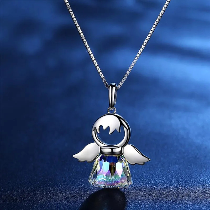 

High Quality S925 Sterling Silver Necklace Fashion AB colors Crystal Openwork Angel Pendant Necklace for women