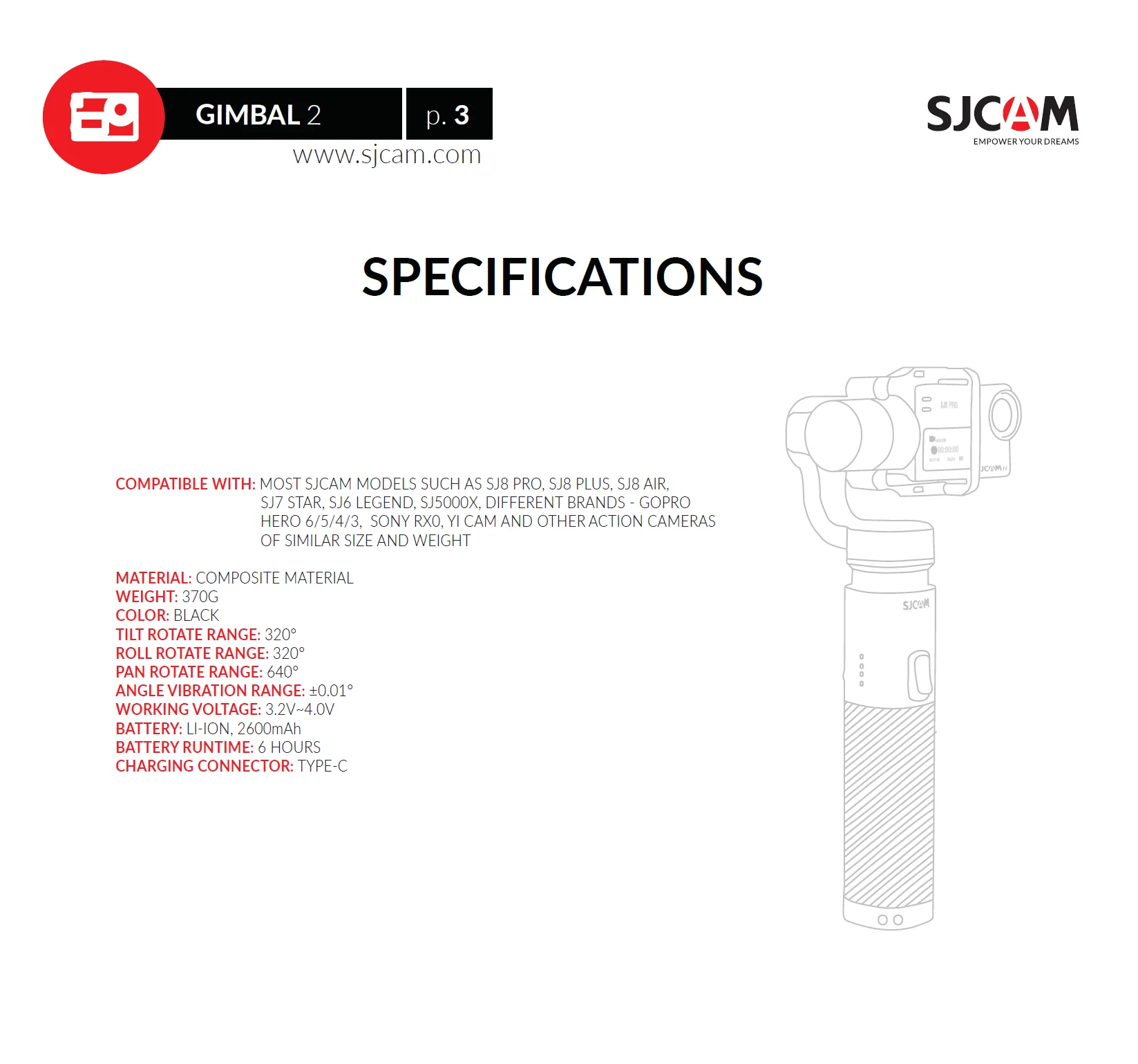 SJCAM Gimbal-2 Новая версия ручной карданный 3-осевой Ручной Стабилизатор для спортивной экшн-камеры SJCAM SJ5000x SJ6 SJ7 SJ8 серии экшн-камеры DV