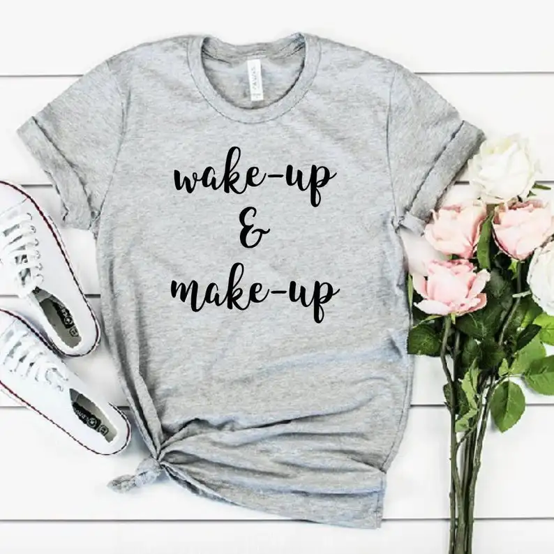 

Футболка ZBBRDD женская с надписью Wake-Up & Make-Up, смешная креативная хлопковая рубашка для отдыха, с коротким рукавом и круглым вырезом, размера пл...