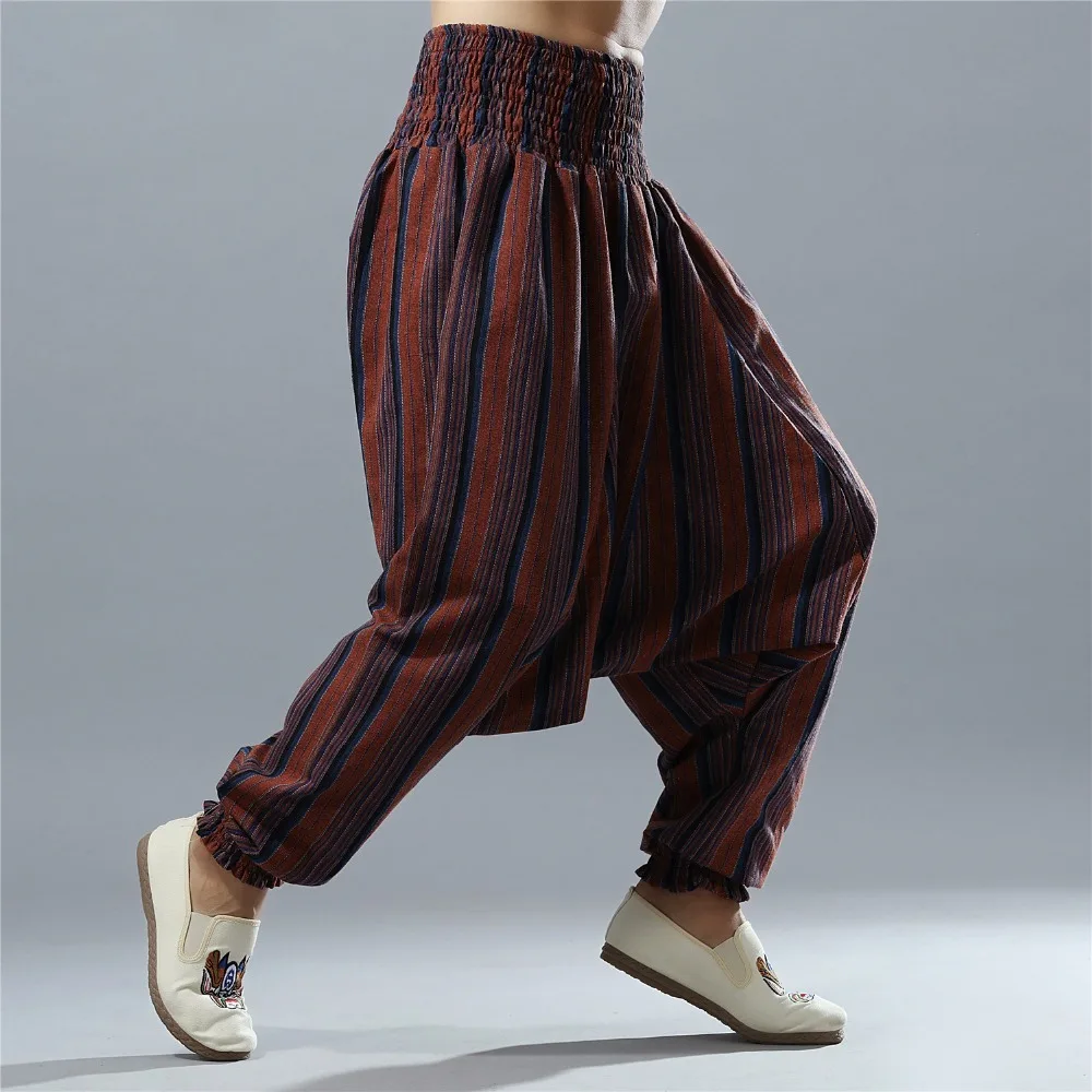 Men Stripe Linen Pants India Nepal Pattern Cotton Trousers Man Big crotch Pant Elastic Waist Leisure Yoga Harem Pants|yoga trousers|harem yoga