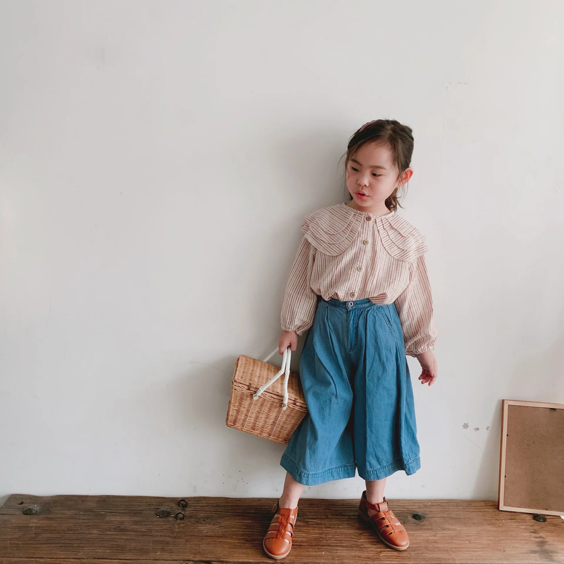 Детская рубашка Весна лето 2019 корейская из хлопка и конопли с длинными рукавами