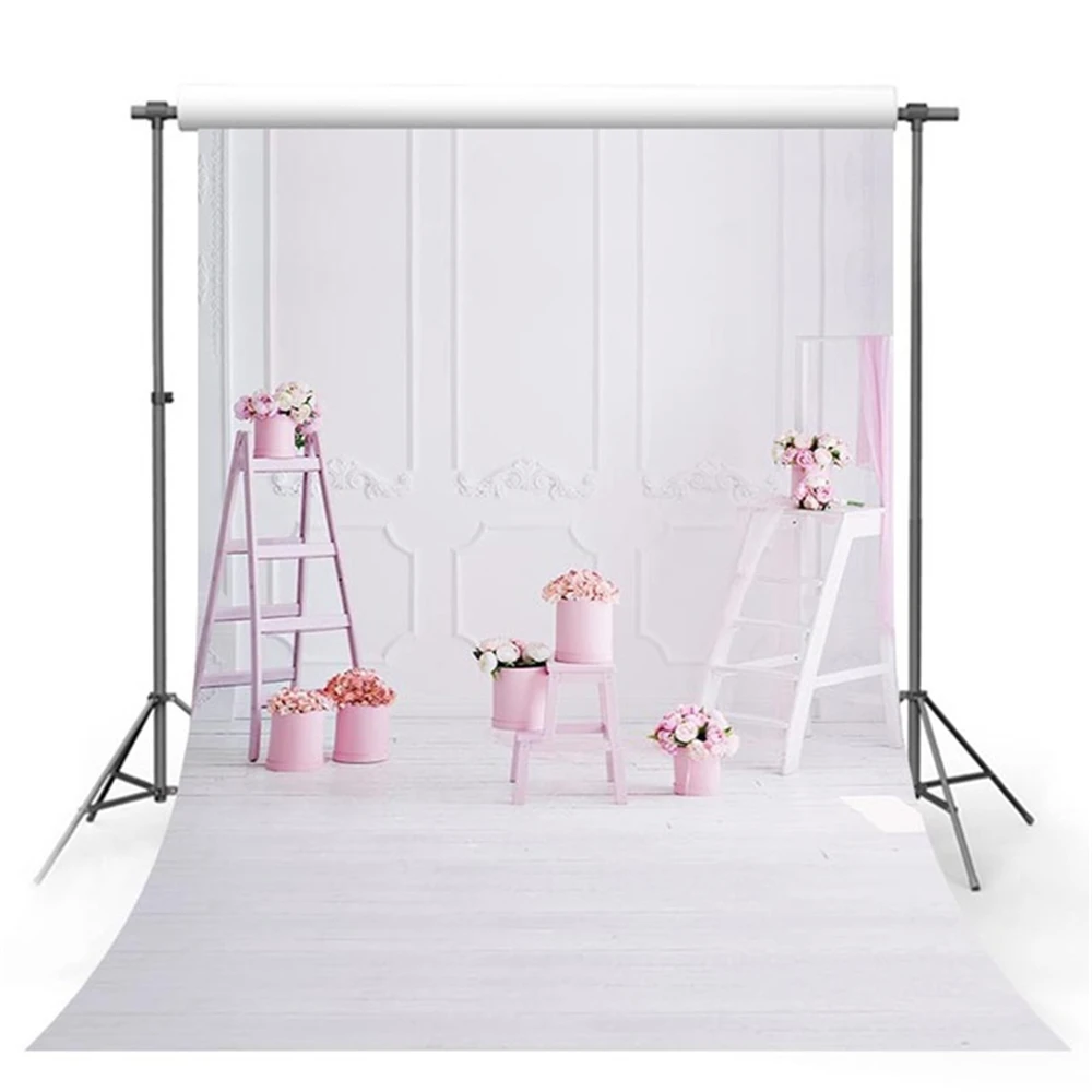 

Photography Backdrop White Wall Pink Flowers Photo Background for Wedding Pictures Vinyl Backdrops Infant Photo Studio Props