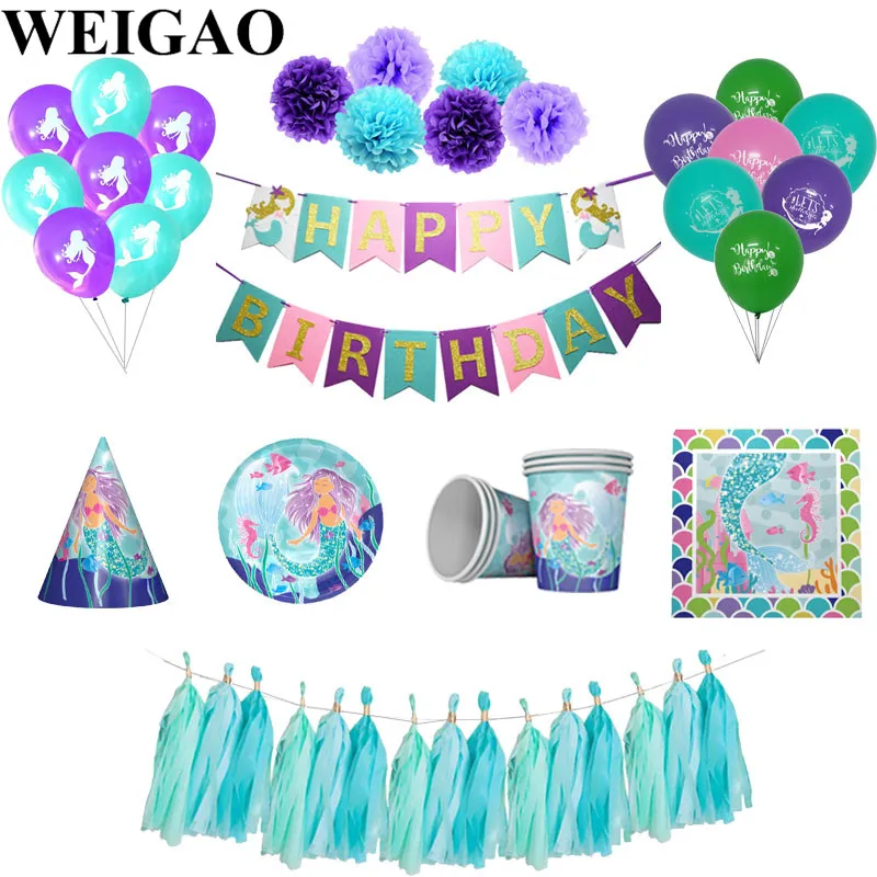 WEIGAO DIY русалка вечерние украшения Дети День рождения шары 1st рождения одноразовая посуда комплект шляпа русалки чашки поставок