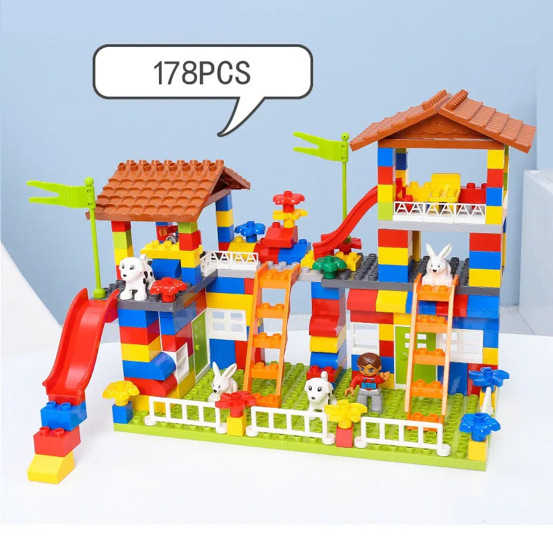 

Big Particle Building Blocks Castle DIY Colorful City House Roof Educational Toys For Children Compatible Duploed Slide Blocks