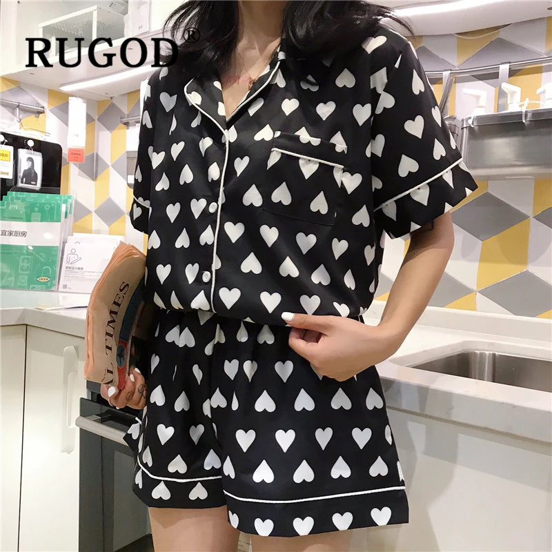 RUGOD горячая Распродажа, корейские женские пижамы, модные пижамы с принтом сердца, женские костюмы Харадзюку с коротким рукавом, 3 штуки, домашние наборы