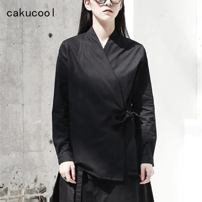 Женская блузка кимоно Cakucool черная с длинным рукавом и поясом в японском стиле на