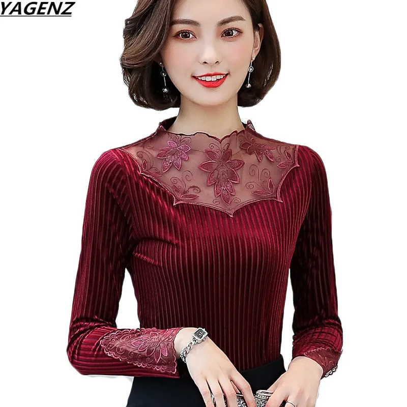 Осенне зимняя женская футболка новинка 2018 модная кружевная простроченная