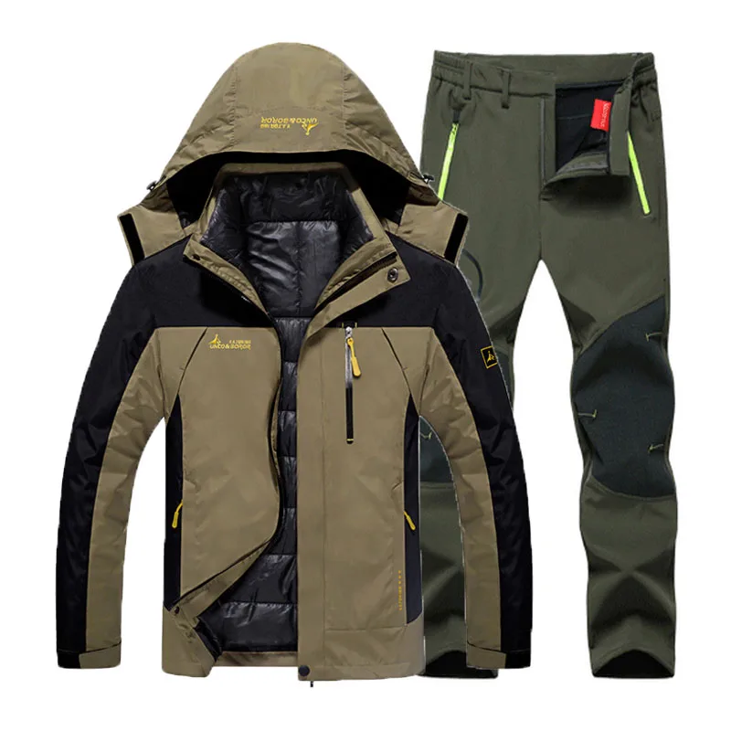 Khaki Army Green set 6XL костюм размера плюс для походов, Походов, Кемпинга, катания на лыжах, альпинизма 3 в 1, уличные куртки, набор для мужчин, зимние водонепроницаемые рыболовные термо брюки - Цвет: Khaki Army Green set