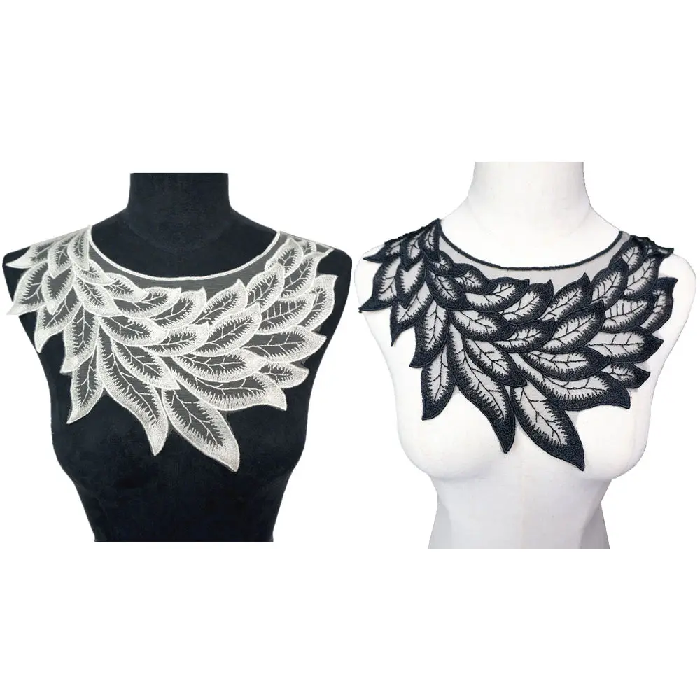 30 см Черно белый вышитый кружевной воротник с перьями Аппликации винтажная