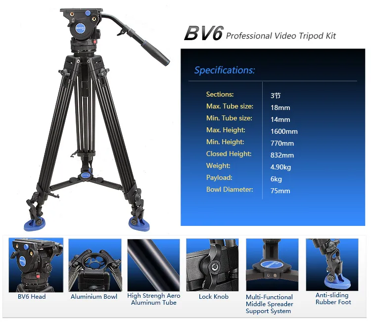 Benro BV6 Профессиональный штатив для камеры быстросъемная пластина с одной ручкой гидравлический демпфер головка костюм Трипод аксессуары