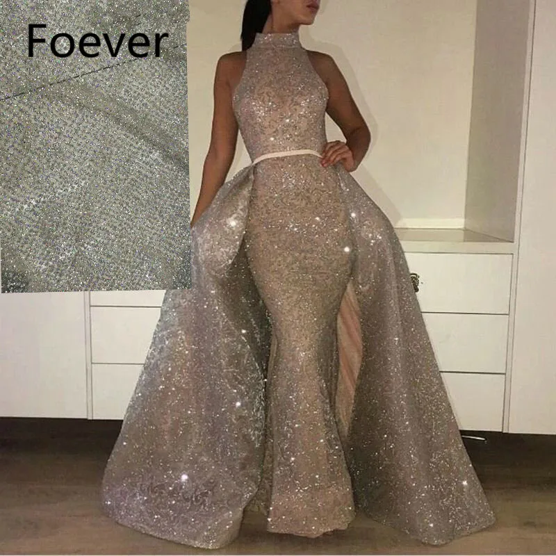 Elegant High Neck Arabci Dubai Shiny Evening Dresses with Overskirt Train Corset Back Abendkleider Prom Gowns 2019 | Свадьбы и
