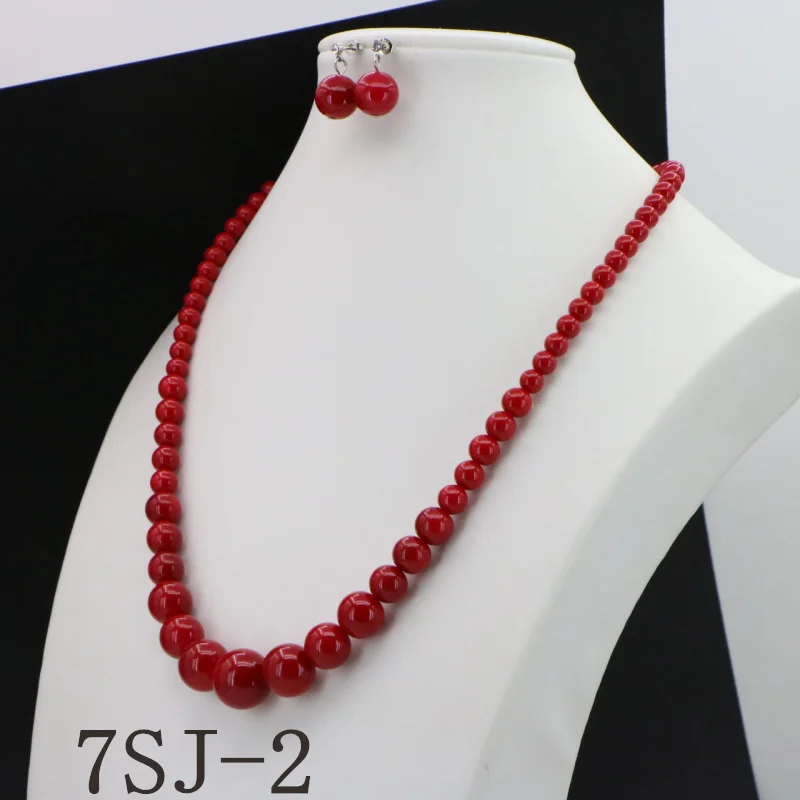 Новая мода красивый 6-14 мм красный коралл круглые бусы ожерелье серьги 1" набор ювелирных изделий оптом и в розницу для женщин и девушек подарочные части
