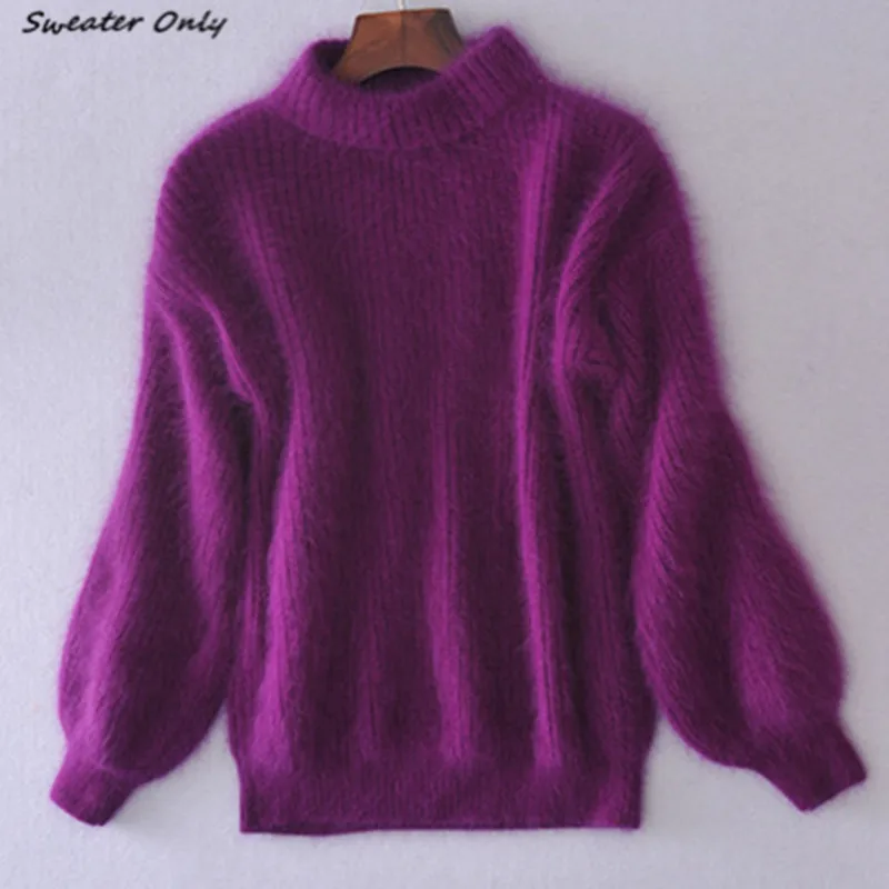 Женский мохеровый свитер Свободный пуловер с рукавами-фонариками воротником до