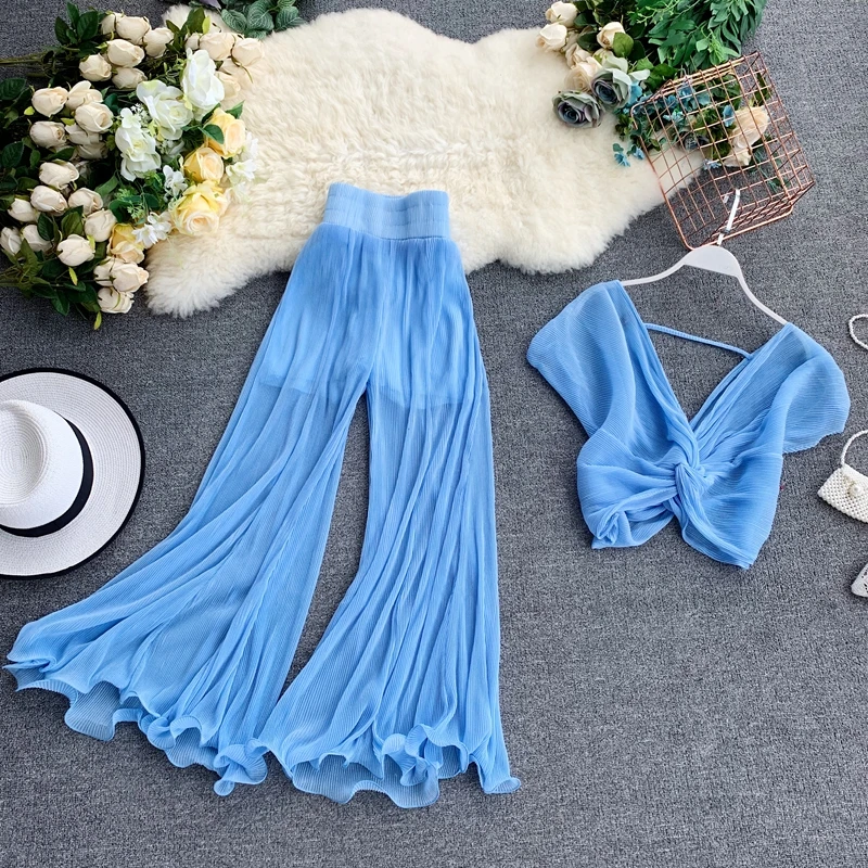 2019 Новый Модный женский комплект из двух предметов клеш в складку брюки +