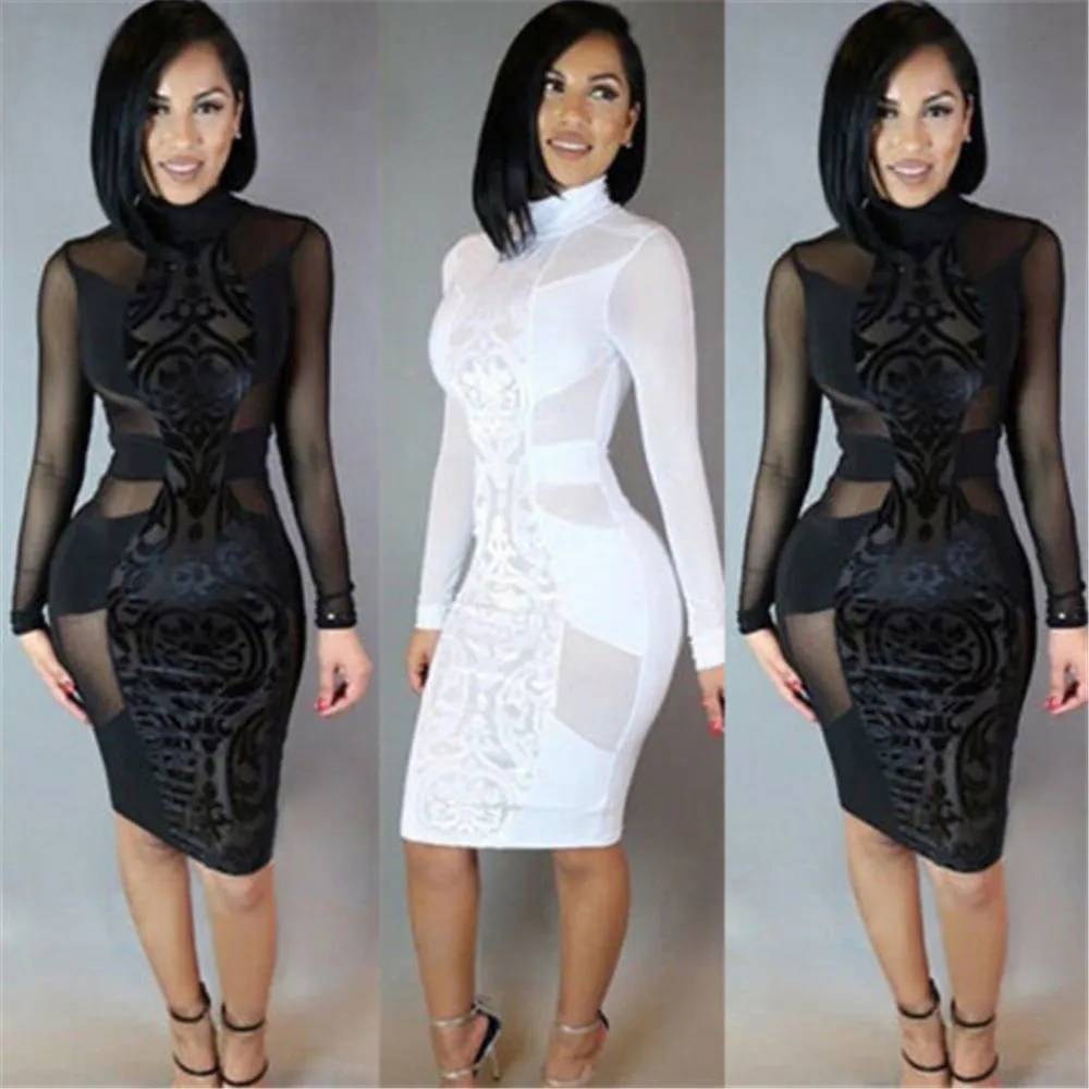 Women Dress Ladies Summer Sexy Fashion Long Sleeve Black Tulle Perspective Bodycon Evening Party Pencil Club 2020 Hot | Женская одежда