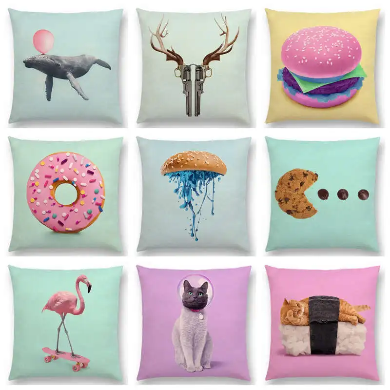 

Pink Dream Colorful Fantasy Sexy Color Party Whale Flamingo Cat Hamburger Doughnut Cushion Cover Decor Sofa Throw Pillow Case