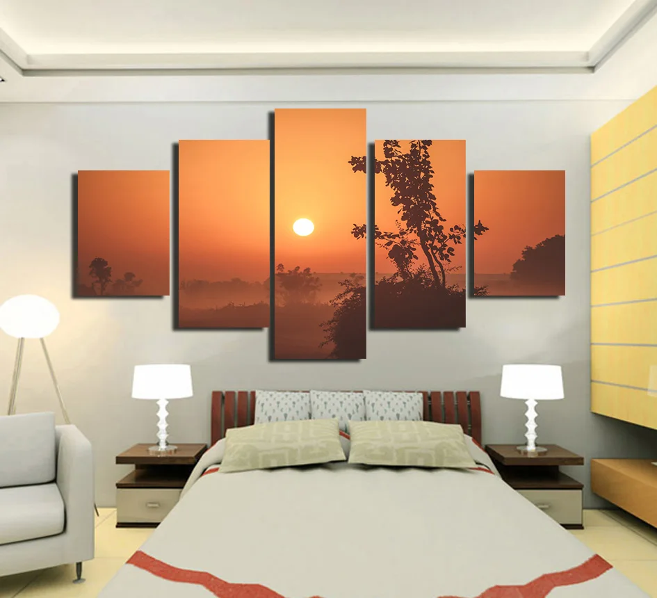 

CLSTROSE Foggy Sunrise Canvas Painting 5 Panels Wall Art Landscape Painting Home Decoration For Living Room Unframed Pictures