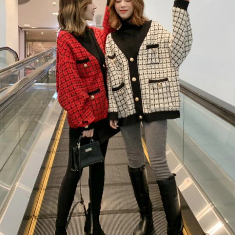 2019 весна новый небольшой аромат v образным вырезом однобортный клетчатый толстый