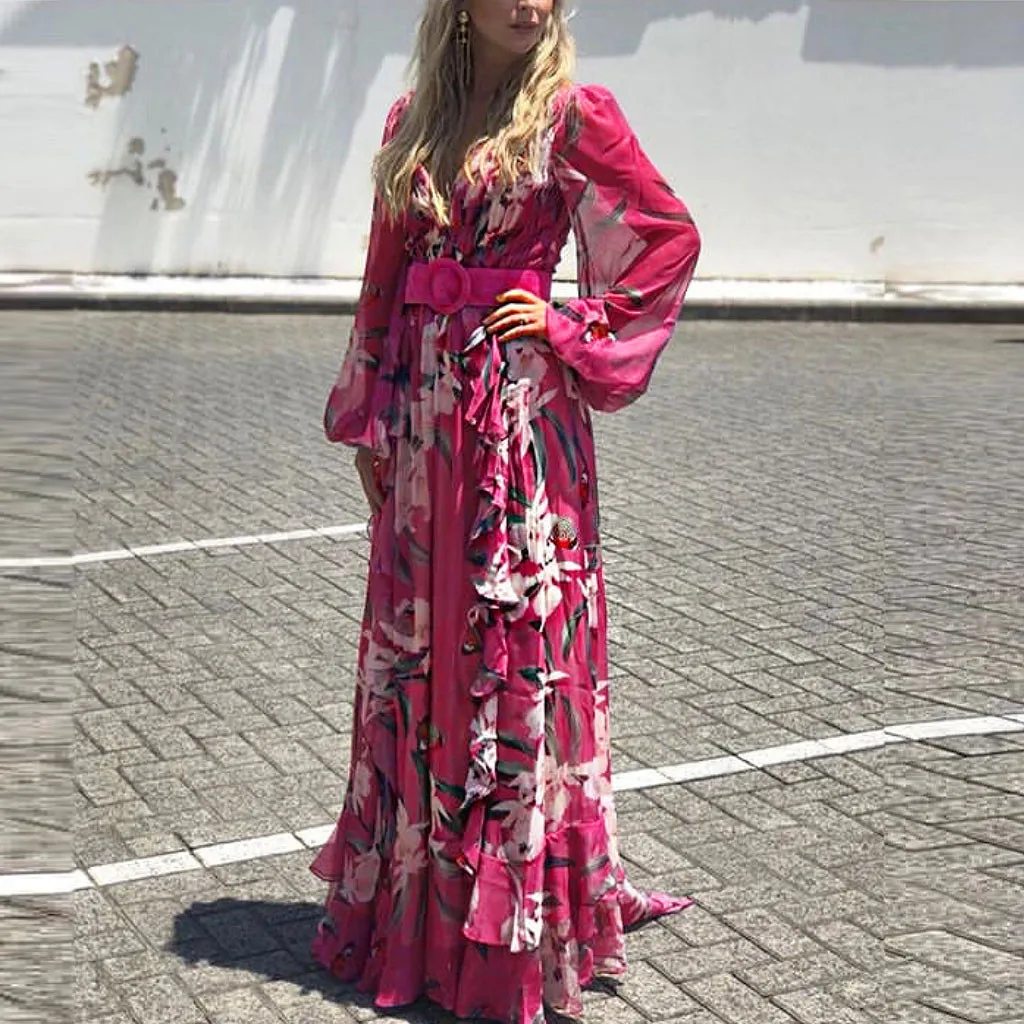 Женское шифоновое Плиссированное Платье макси с длинным рукавом и цветочным