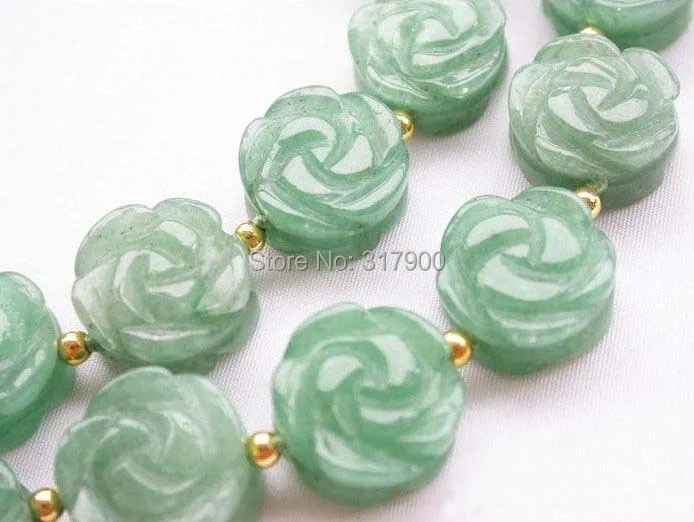 Beautiful 24&quot 14mm Hand-carved flower green jade bead necklace | Украшения и аксессуары
