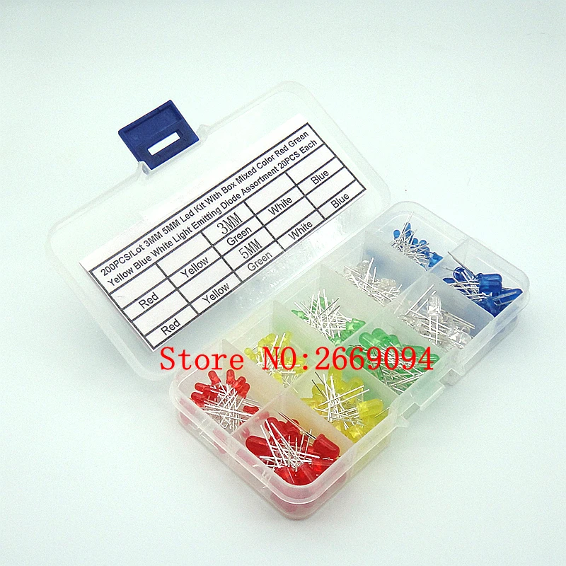 

200 шт./лот 3 мм 5 мм набор светодиодов в коробке смешанные цвета красный зеленый желтый синий белый светоизлучающие диоды в ассортименте 20 шт. каждый новый