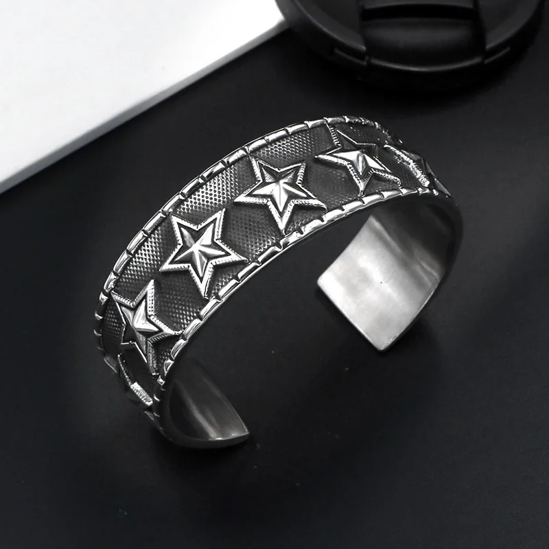 Винтажный Звездный браслет 37 мм супер широкий черный Титановый стальной и