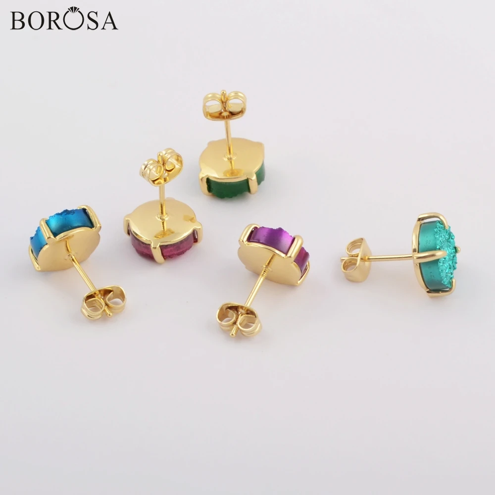 Круглые позолоченные серьги гвоздики BOROSA ZG0412 10 мм натуральный кулон агат друза