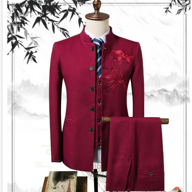 

Chinese Bird Embroidery Tunic Collar Jacket + Waistcoat + Pants Men 3 Piece Slim Fit Suit for Wedding Streetwear Workout XXXXL