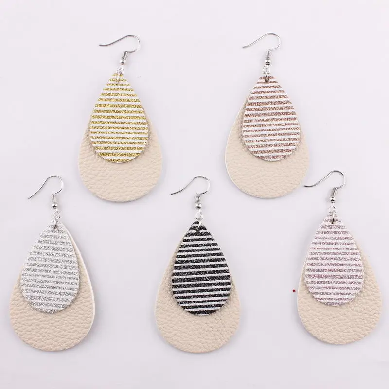 

New Bohemia Style 2 Stacked Double Layers Stripes Leather Teardrop Dangle Drop Earrings for Women