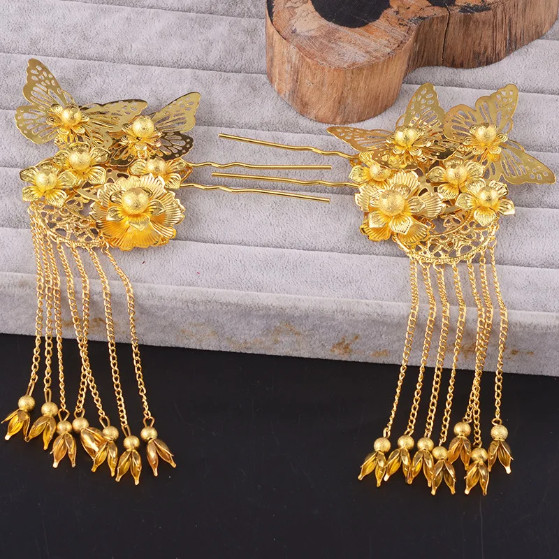JaneVini Chinese Handmade Vintage Hair Clip Bridal Headwear Crown Golden Tassel Hairpin Earring Women Jewelry Hair Accessories