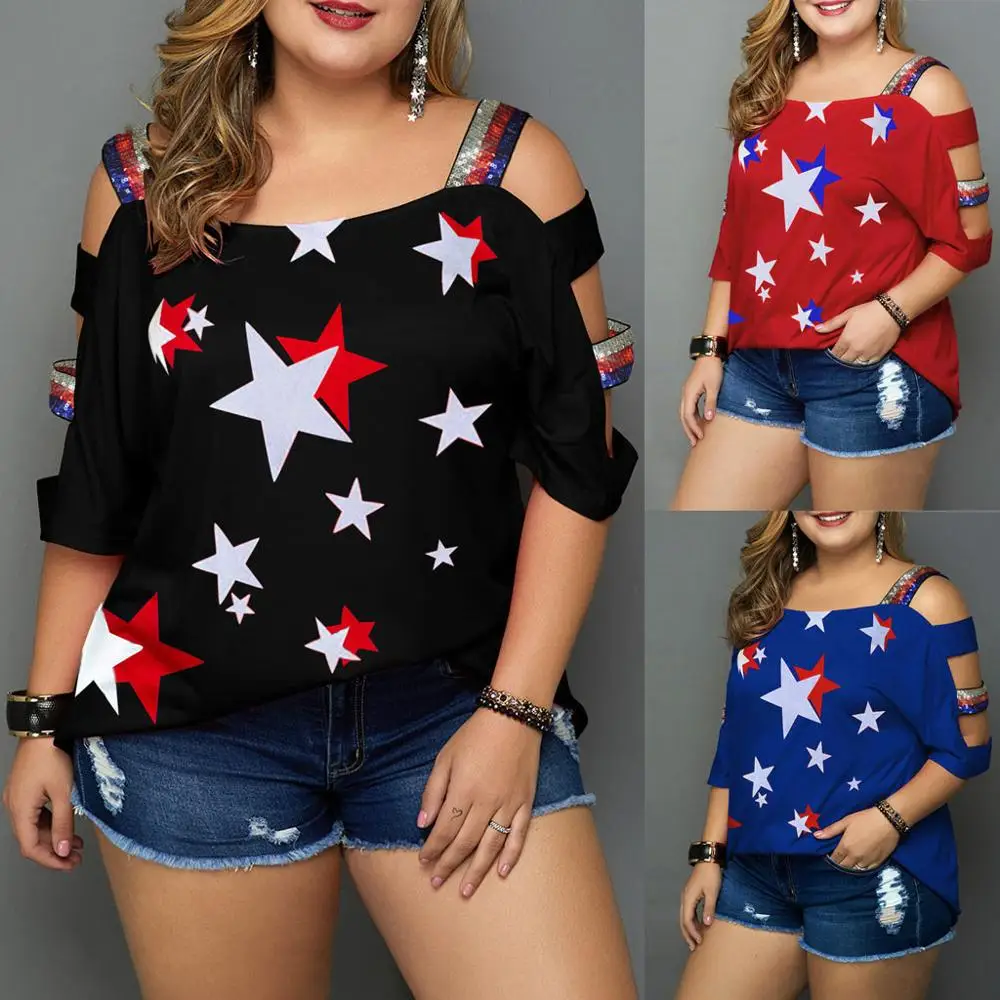 Женские повседневные летние блузки-топы, большие размеры, принт со звездой, с открытыми плечами, на бретельках, рукав, топ, рубашка для женщин, camisetas verano mujer ED
