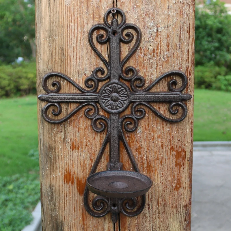 

Cast Iron Wall Mounted Sconce Tealight Pillar Candlesticks Holder Vintage Simple Style Hollow Cross Handmade Art Indoor Outdoor