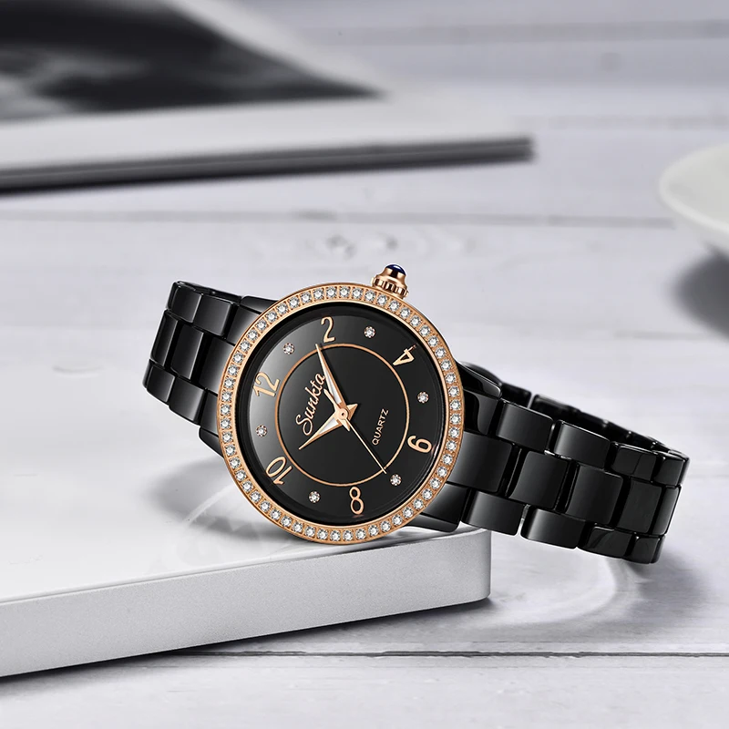 

SUNKTA High Quality Luxury Crystal Diamond Watches Women Gold Watch Fashion Ceramic Strap Deluxe Dial Women's Quartz Watch+Box