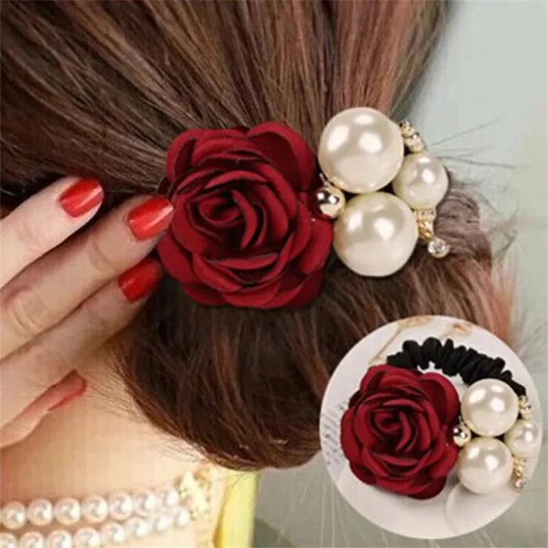 

1pc Hair Accessories Women Fashion Style Big Rose Flower Pearl Rhinestone Hair Bands Elastic Hair Rope Ring 5 Colors for Girls