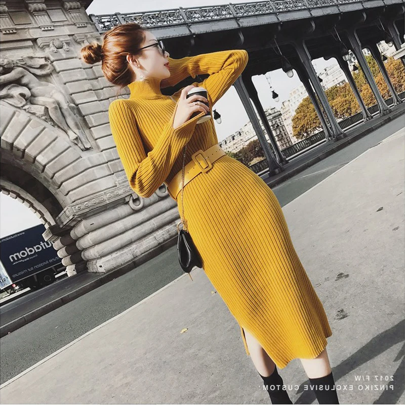 Женское трикотажное платье длинный свитер с высоким воротом Классический