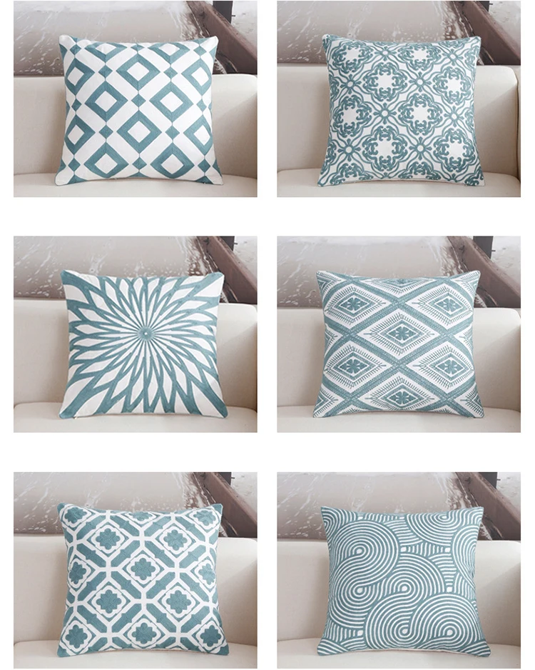 Home Decor Embroidered Cushion Cover One Side Printing White Blue Green Square Embroidery Pillow Cover 45x45cm