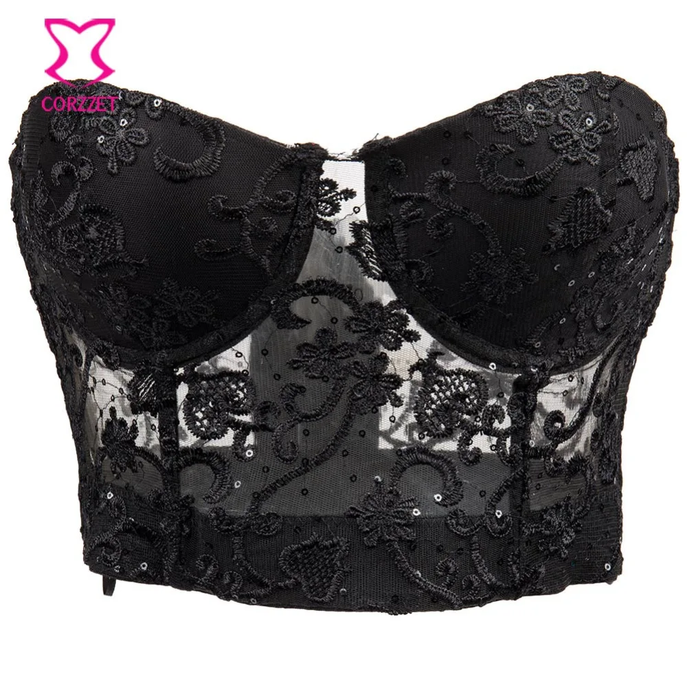 

Black Sequined Floral Embroidery Soutien Gorge Sexy Transparent Bras For Women Push Up Bra Strapless Bralette Bustier Crop Top