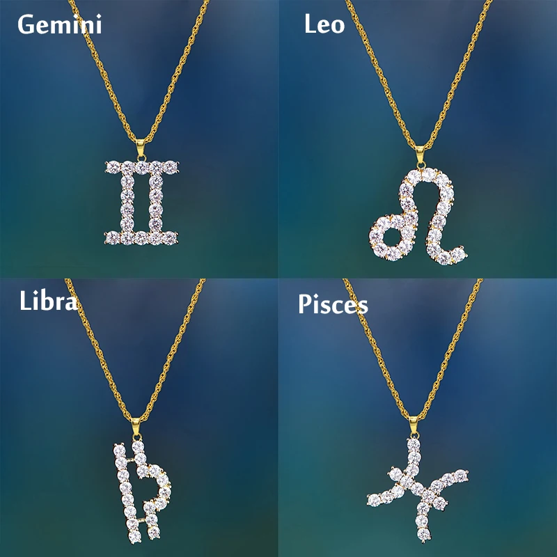 Gifts Sale Zodiac Sign 12 Constellations Pendant Iced Out Rhinestone Clavicle Chain Women& Mens Jewelry Necklaces for Hip Hop